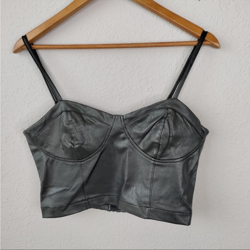 GUESS Black Faux Leather Bustier Corset Crop Top Y2K Moto Biker Size M Goth